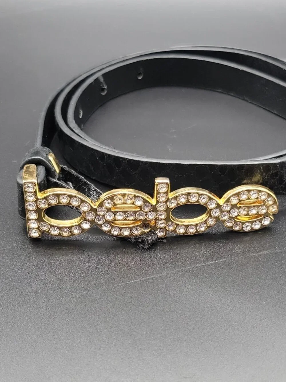 bebe Women's Fashion Belt P/S Black Skinny Animal Print Logo Rhinestone  36